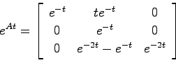 \begin{displaymath}
e^{At} = \left[ \begin{array}{ccc}
e^{-t} & te^{-t} & 0 \\
...
...e^{-t} & 0 \\
0 & e^{-2t}-e^{-t} & e^{-2t}
\end{array}\right]
\end{displaymath}