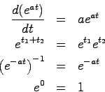 \begin{eqnarray*}
\frac{d(e^{at})}{dt} &=& ae^{at} \\
e^{t_1+t_2} &=& e^{t_1} e^{t_2} \\
\left(e^{-at}\right)^{-1} &=& e^{-at} \\
e^0 &=& 1
\end{eqnarray*}