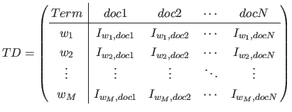 $\displaystyle TD= \left( \begin{array}{@{ }c\vert cccc@{ }} Term&doc1&doc2&\c...
...&\vdots\ w_M&I_{w_M,doc1}&I_{w_M,doc2}&\cdots&I_{w_M,docN} \end{array} \right)$