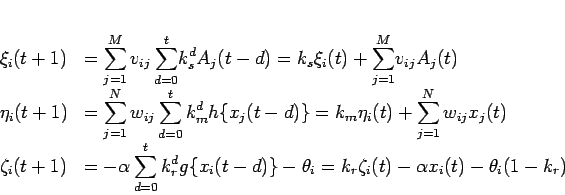 \begin{displaymath}
\left.
\begin{array}{ll}
\xi_i(t+1) & = \displaystyle{\...
...\zeta_i(t)-\alpha x_i(t)-\theta_i(1-k_r)
\end{array} \right.
\end{displaymath}