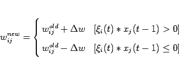 \begin{displaymath}
w_{ij}^{new}= \left\{
\begin{array}{@{\,}ll}
w_{ij}^{old} ...
... w &\mbox{[$ \xi_i(t) * x_j(t-1) \le 0$]}
\end{array} \right.
\end{displaymath}