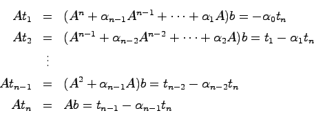 \begin{eqnarray*}
At_1 &=& (A^{n} + \alpha_{n-1}A^{n-1} + \cdots + \alpha_1 A)b ...
...-2}-\alpha_{n-2}t_n \\
At_n &=& Ab = t_{n-1} - \alpha_{n-1} t_n
\end{eqnarray*}