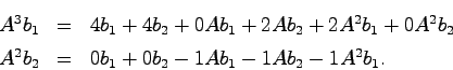 \begin{eqnarray*}
A^3b_1 &=& 4b_1 + 4b_2 + 0Ab_1 + 2Ab_2 + 2A^2b_1 + 0A^2b_2 \\
A^2b_2 &=& 0b_1 + 0b_2 - 1Ab_1 - 1Ab_2 - 1A^2b_1.
\end{eqnarray*}