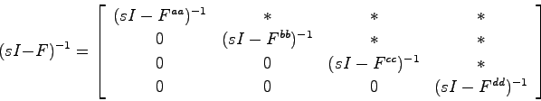 \begin{displaymath}
(sI-F)^{-1}=\left[ \begin{array}{cccc}
(sI-F^{aa})^{-1} & * ...
...^{-1} & * \\
0 & 0 & 0 & (sI-F^{dd})^{-1}
\end{array}\right]
\end{displaymath}