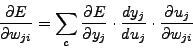 \begin{displaymath}
\frac{\partial E}{\partial w_{ji}} = \sum_c \frac{\partial ...
... \frac{dy_j}{du_j} \cdot \frac{\partial u_j}{\partial w_{ji}}
\end{displaymath}