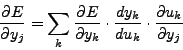 \begin{displaymath}
\frac{\partial E}{\partial y_j} = \sum_k \frac{\partial E}
...
...ot \frac{dy_k}{du_k} \cdot \frac{\partial u_k}{\partial y_j}
\end{displaymath}