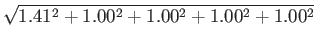 $\displaystyle \sqrt{ 1.41^2 + 1.00^2 + 1.00^2 + 1.00^2 + 1.00^2}$