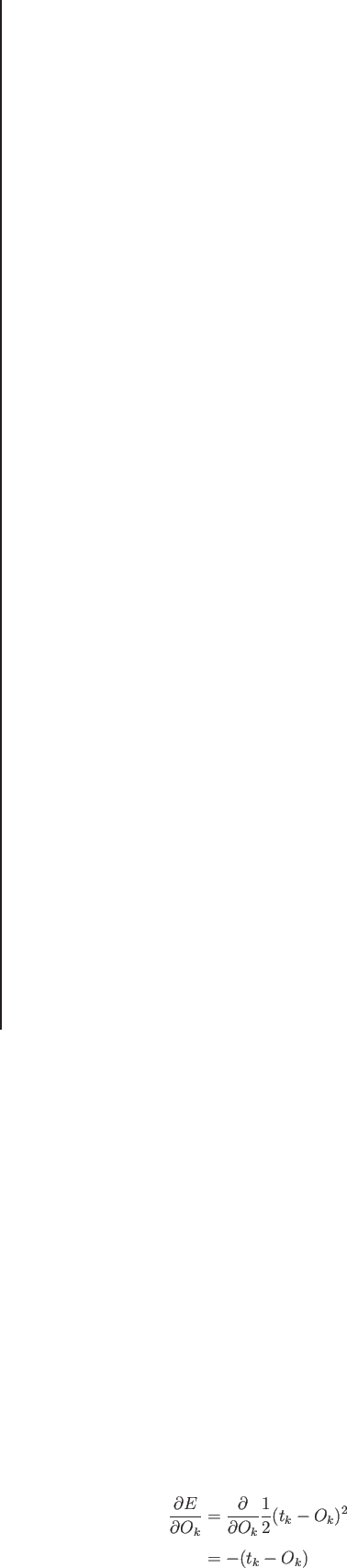 \begin{eqnarray*}
\frac{\partial E}{\partial O_k} &=& \frac{\partial}{\partial O_k}{\frac{1}{2}(t_k-O_k)^2}\\
&=& -(t_k-O_k)
\end{eqnarray*}