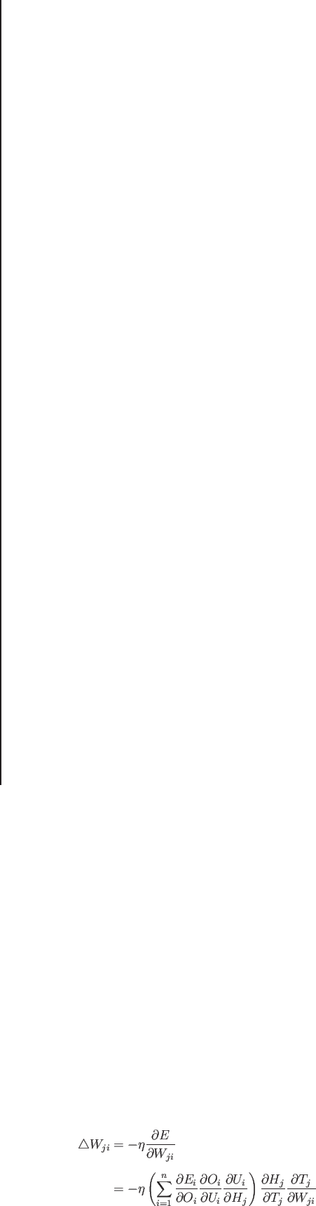 \begin{eqnarray*}
\triangle W_{ji} &=& -\eta \frac{\partial E}{\partial W_{ji}}...
...\partial H_j}{\partial T_j} \frac{\partial T_j}{\partial W_{ji}}
\end{eqnarray*}