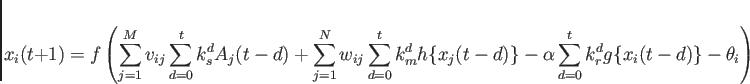 \begin{displaymath}
x_{i}(t+1)= f\left(
\sum_{j=1}^{M}v_{ij}\sum_{d=0}^{t}k_{s}...
...lpha\sum_{d=0}^{t}k_{r}^{d}g\{x_{i}(t-d)\}
-\theta_i
\right)
\end{displaymath}