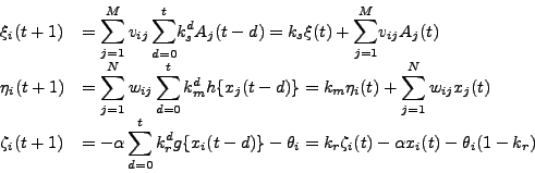 \begin{displaymath}
\left.
\begin{array}{ll}
\xi_i(t+1) & = \displaystyle{\...
..._i(t)-\alpha x_i(t)-\theta_i(1-k_r)
\par
\end{array} \right.
\end{displaymath}