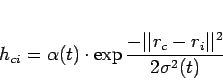 \begin{displaymath}
h_{ci}=\alpha (t) \cdot \exp{\frac{-\vert\vert r_c - r_i\vert\vert^2}{2 \sigma ^2 (t)}}
\end{displaymath}