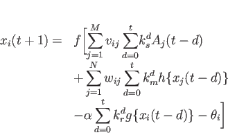 \begin{displaymath}
\left.
\begin{array}{ll}
x_i(t+1) = & f\biggl[\displayst...
...{t}k_r^d g \{x_i(t-d)\}-\theta_i\biggr]}
\end{array} \right.
\end{displaymath}