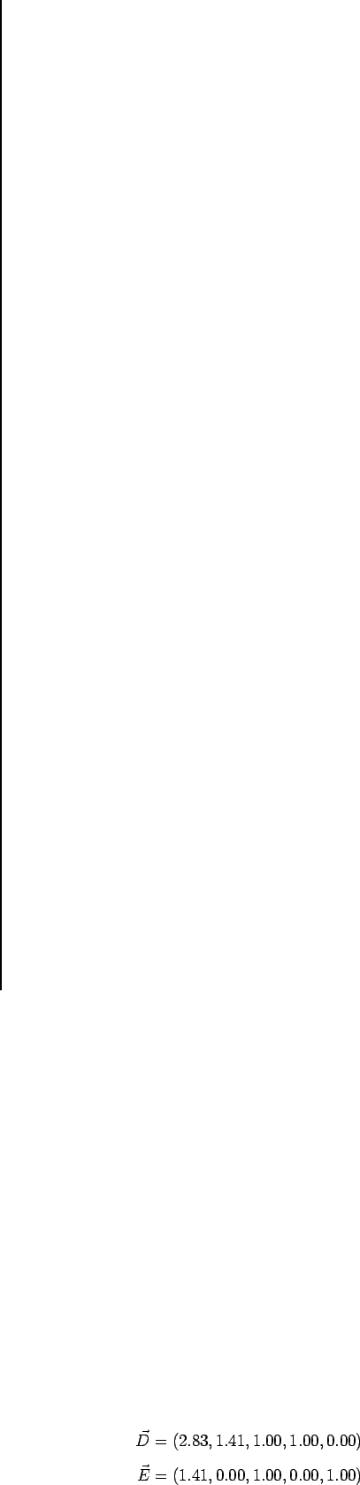 \begin{eqnarray*}
\vec {D} = (2.83, 1.41, 1.00, 1.00, 0.00) \\
\vec {E} = (1.41, 0.00, 1.00, 0.00, 1.00)
\end{eqnarray*}